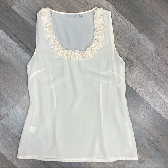 Halogen Ruffle Trim Neck Sheer Silk Sleeveless Top Cream Small - Picture 11 of 12